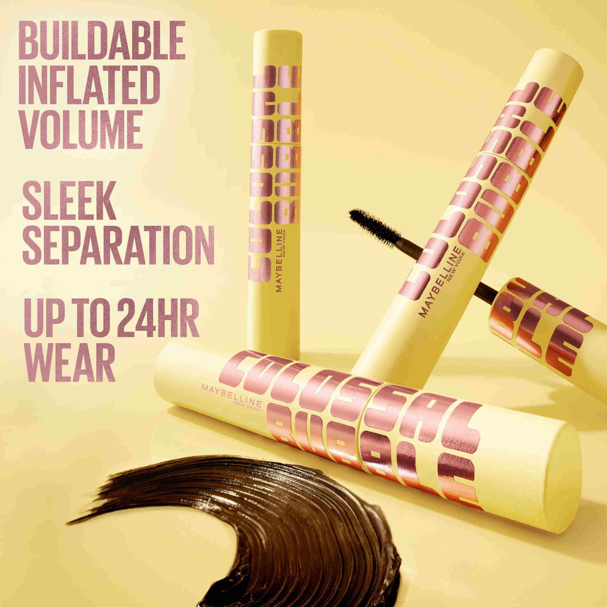 Maybelline Colossal Bubble Washable Mascara with buildable volume, sleek separation and up to 24-hour wear.