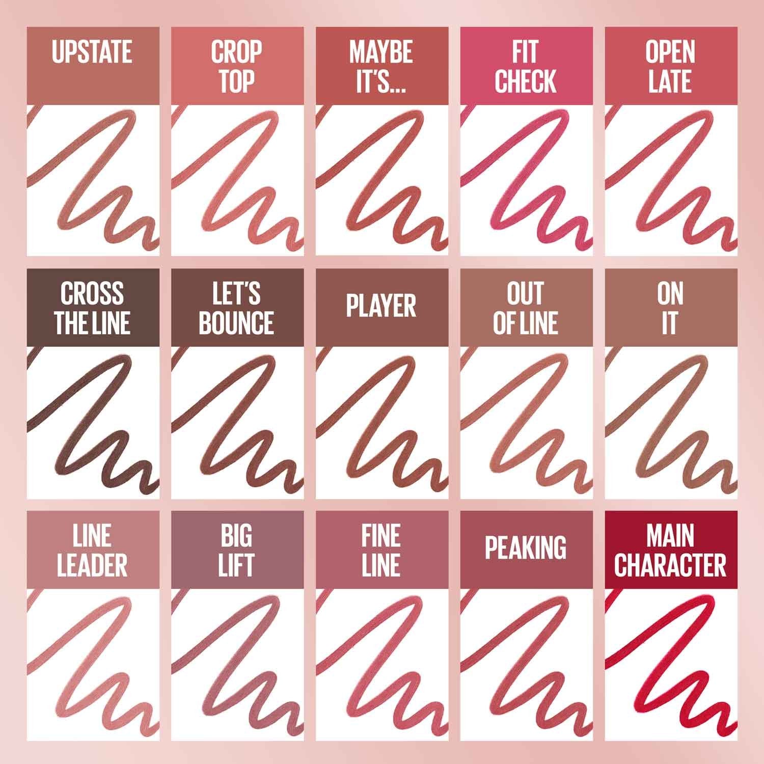 Maybelline Lifter Liner lip liner swatch shade guide showing multiple liner shades