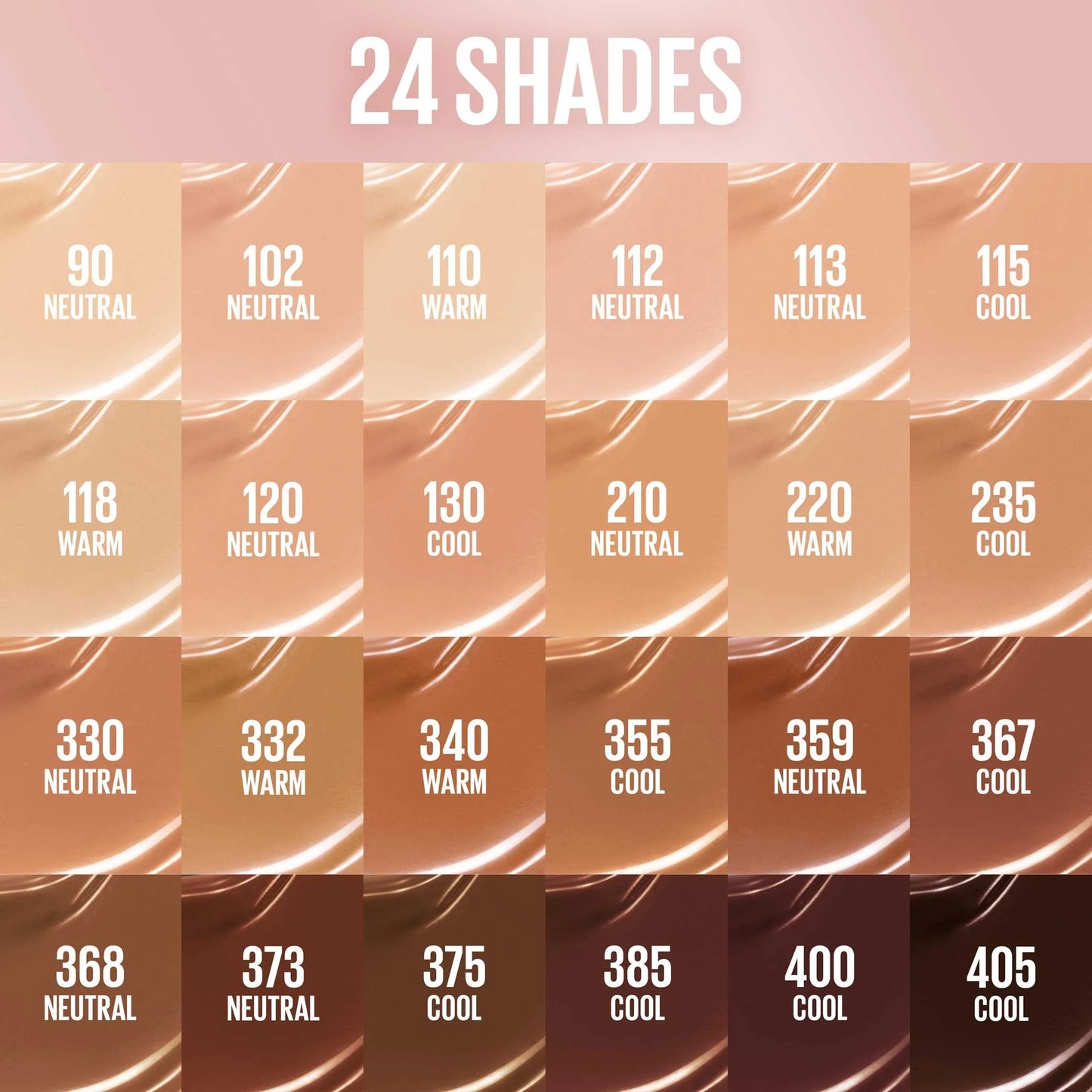 Maybelline Lifter Plump & Glow Foundation 24-shade guide with undertones.