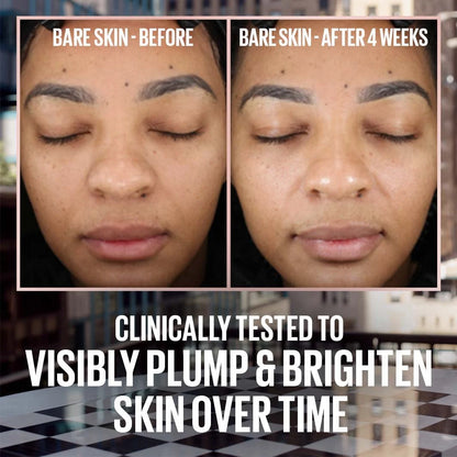 Maybelline Lifter Plump & Glow Foundation bare-skin results before and after four weeks.