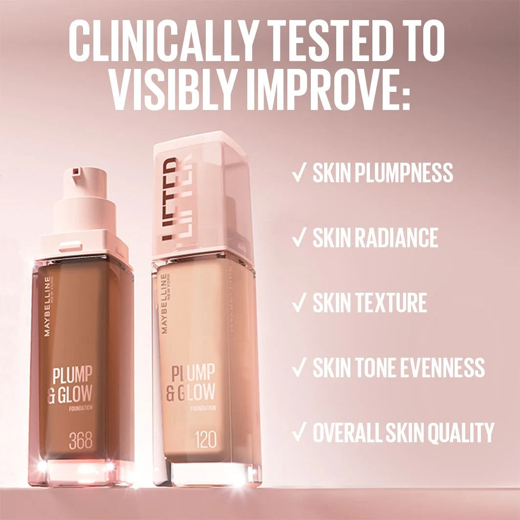 Maybelline Lifter Plump & Glow Foundation clinically tested skincare benefits.