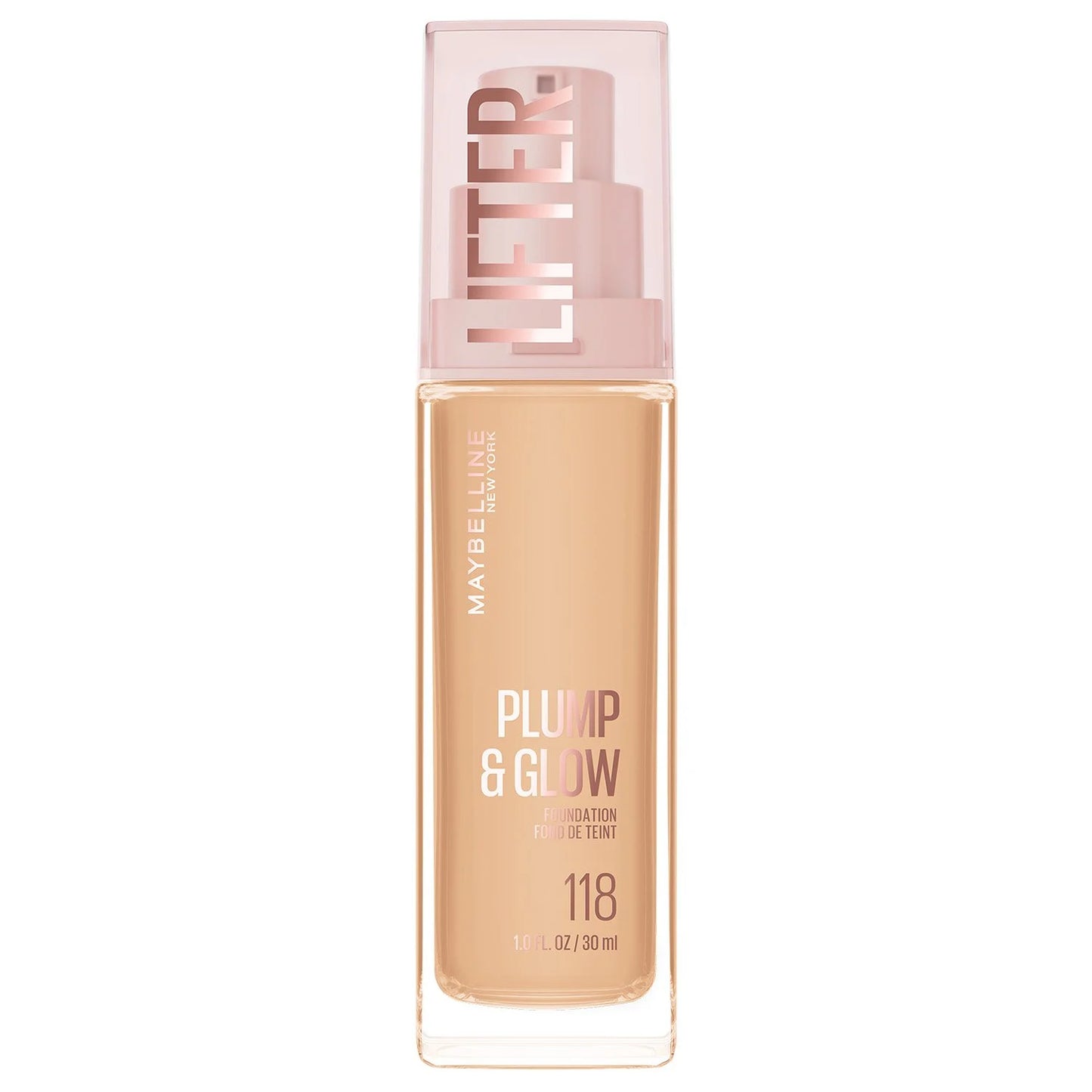 Maybelline Lifter Plump & Glow Foundation shade 118 Warm, 30ml bottle.