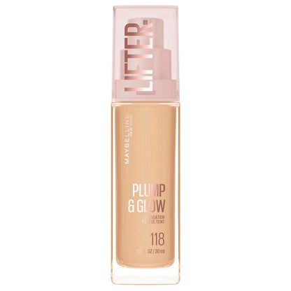 Maybelline Lifter Plump & Glow Foundation shade 118 Warm, 30ml bottle.