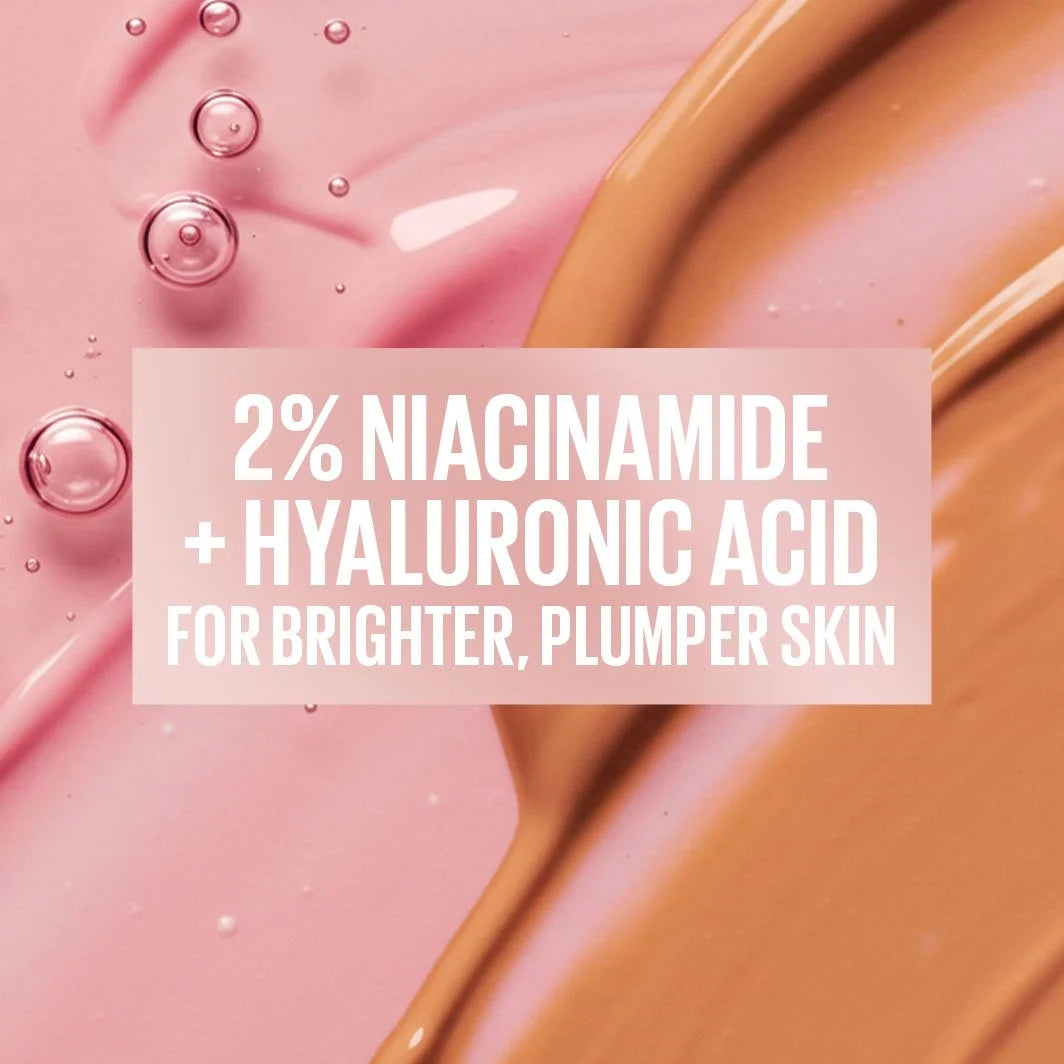 Maybelline Lifter Plump & Glow Foundation with 2% niacinamide and hyaluronic acid.