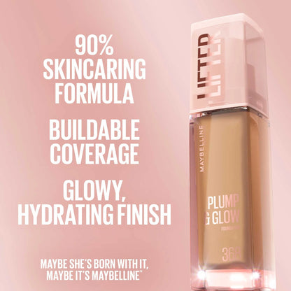 Maybelline Lifter Plump & Glow Foundation with buildable coverage and hydrating glow.