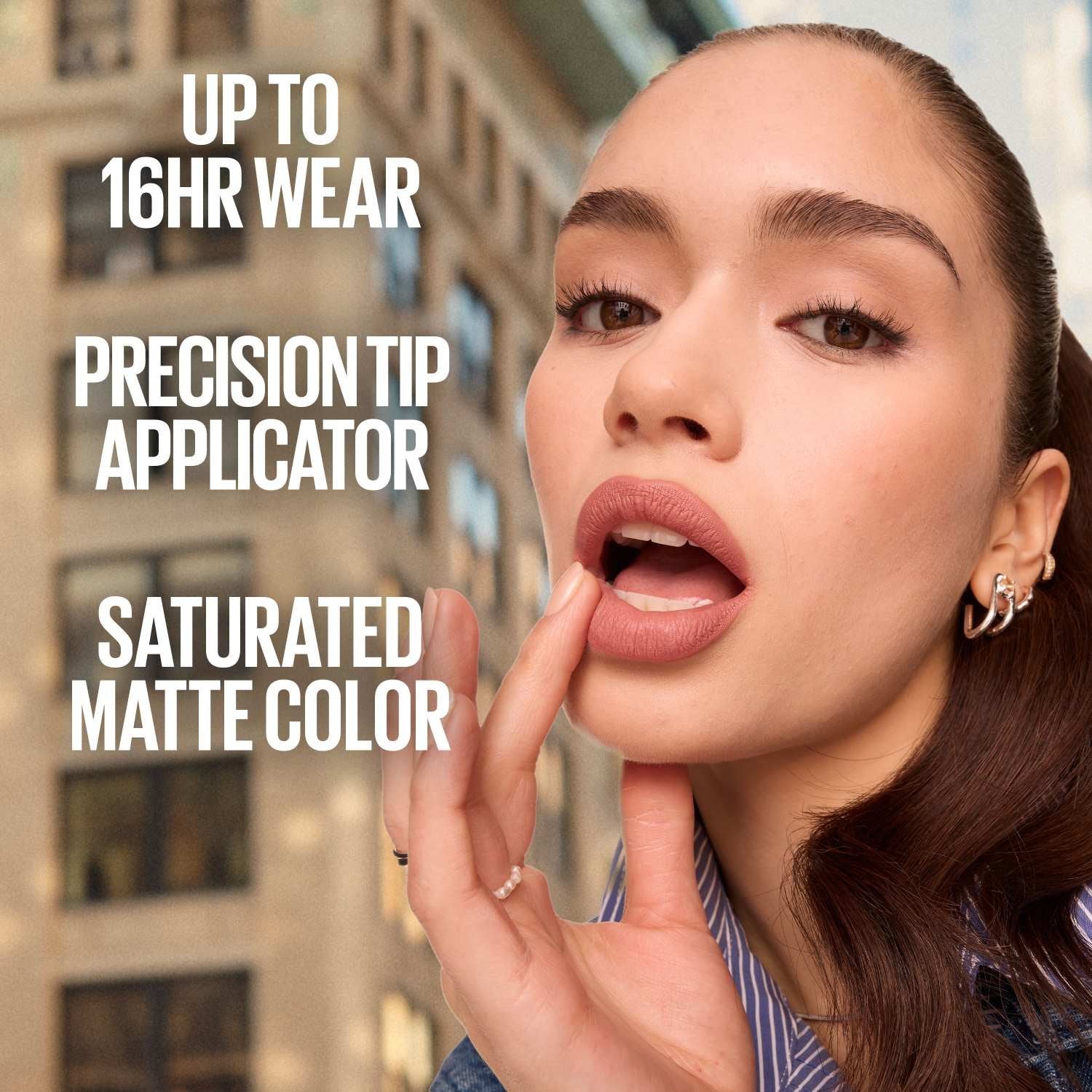 Maybelline SuperStay Matte Ink lipstick model with matte lips and longwear benefits