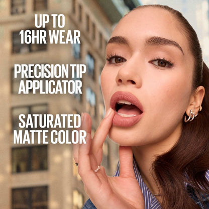 Maybelline SuperStay Matte Ink lipstick model with matte lips and longwear benefits