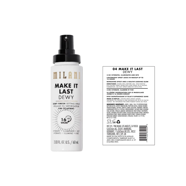 Milani Make It Last Dewy Setting Spray packaging 60ml