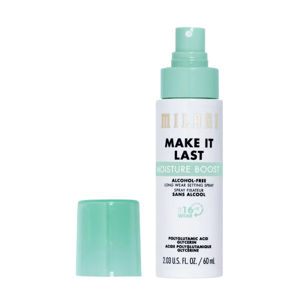 Milani Make It Last Moisture Boost Alcohol-Free Setting Spray 60ml with cap removed.