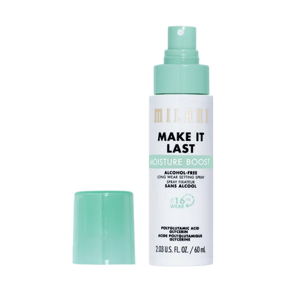 Milani Make It Last Moisture Boost Alcohol-Free Setting Spray 60ml with cap removed.
