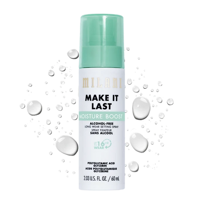 Milani Make It Last Moisture Boost Alcohol-Free Setting Spray bottle surrounded by water droplets.