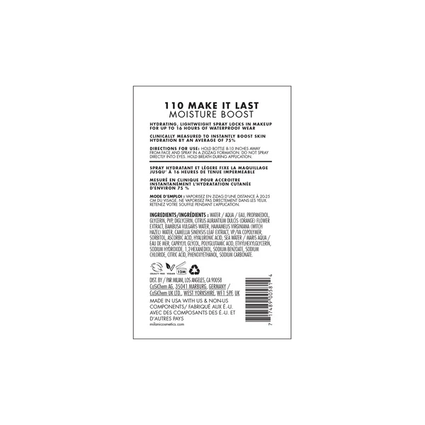 Milani Make It Last Moisture Boost Setting Spray packaging back with directions and ingredients.