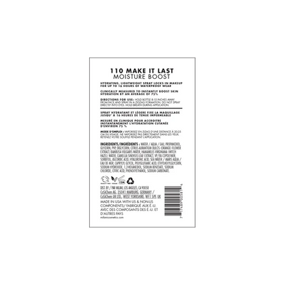 Milani Make It Last Moisture Boost Setting Spray packaging back with directions and ingredients.