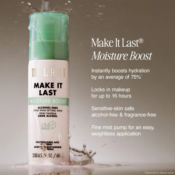 Milani Moisture Boost Setting Spray benefits including 75% hydration boost and up to 16-hour makeup wear.