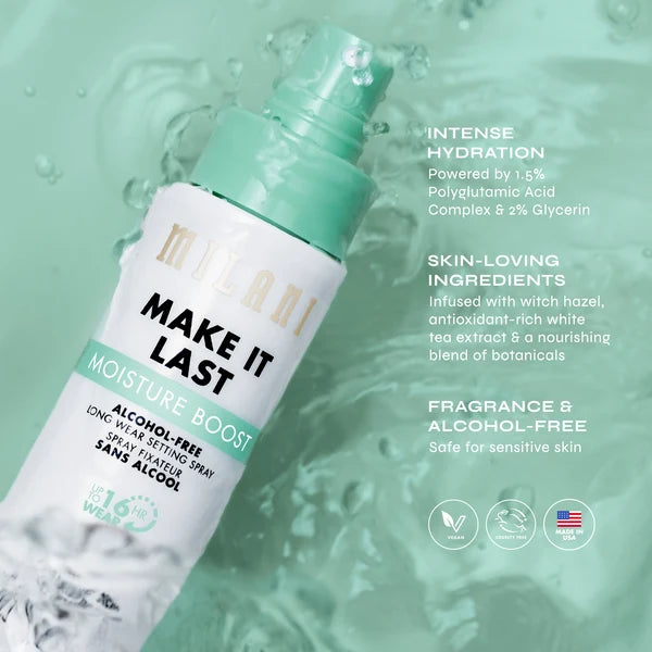 Milani Moisture Boost Setting Spray with polyglutamic acid, glycerin, witch hazel and white tea extract.