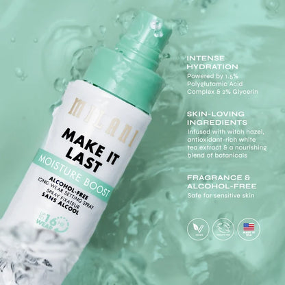 Milani Moisture Boost Setting Spray with polyglutamic acid, glycerin, witch hazel and white tea extract.