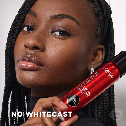 Model holding L'Oréal Infallible 3-Second Setting Mist showing its no-white-cast finish.