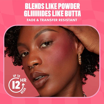 Model wearing NYX Buttermelt Blush with radiant cheek makeup