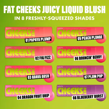 Model wearing NYX Fat Cheeks Juicy Liquid Blush shade 04 Dragon Fruit Drip.
