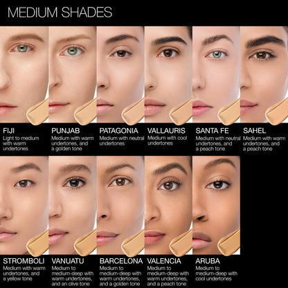 NARS Natural Radiant Longwear Foundation medium shade guide showing Fiji, Punjab, Patagonia, Vallauris, Santa Fe, Sahel, Stromboli, Vanuatu, Barcelona, Valencia, and Aruba