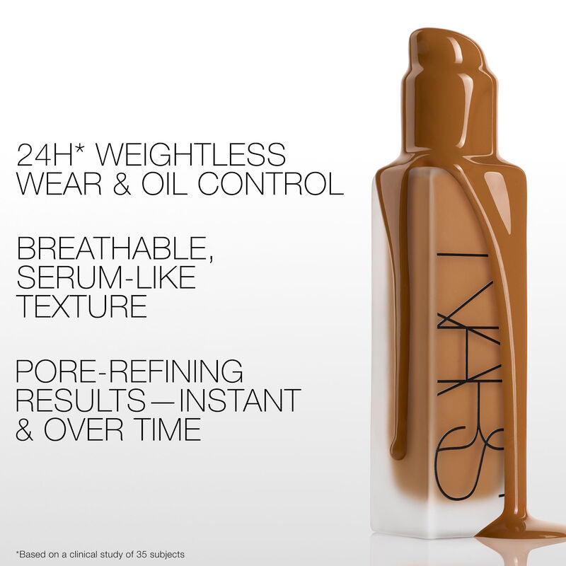 NARS foundation bottle with text about product features on a white background