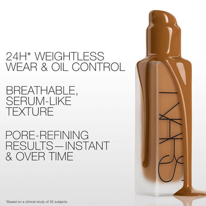 NARS foundation bottle with text about product features on a white background