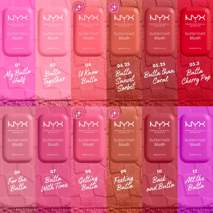 A 12-shade collection display of NYX Professional Makeup Buttermelt Blush lipsticks, arranged in a grid over a textured stone background with each shade labeled and color-coded in pink, red, orange, and purple tones.