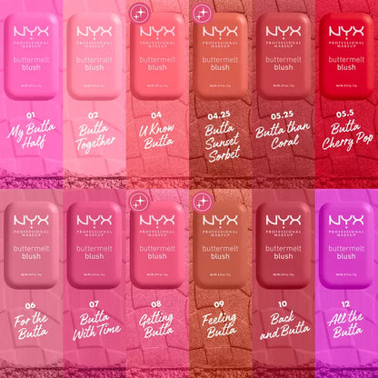 A 12-shade collection display of NYX Professional Makeup Buttermelt Blush lipsticks, arranged in a grid over a textured stone background with each shade labeled and color-coded in pink, red, orange, and purple tones.