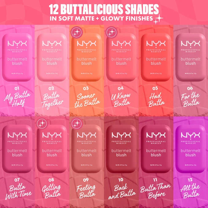 NYX Buttermelt Blush collection showing 12 different shades