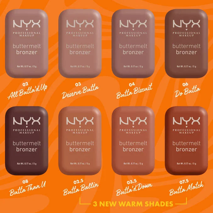 NYX Buttermelt Bronzer shade range for different skin tones