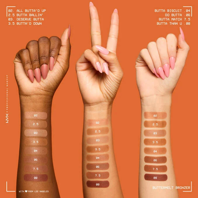NYX Buttermelt Bronzer shade swatches on different skin tones