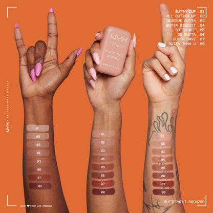 NYX Buttermelt Bronzer swatches on three skin tones