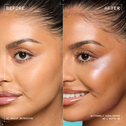 NYX Buttermelt Highlighter before and after glow effect on cheek