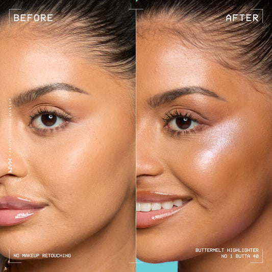 NYX Buttermelt Highlighter before and after glow effect on cheek