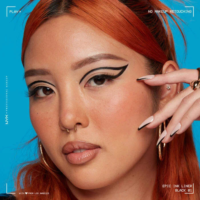 NYX Epic Ink Waterproof Liquid Eyeliner black shade applied in winged eyeliner look