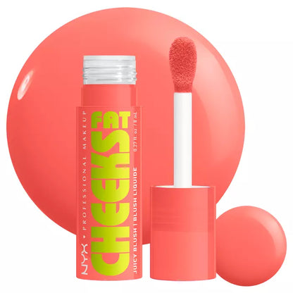 NYX Fat Cheeks Juicy Liquid Blush shade 01 Papaya Plump with applicator and coral texture.