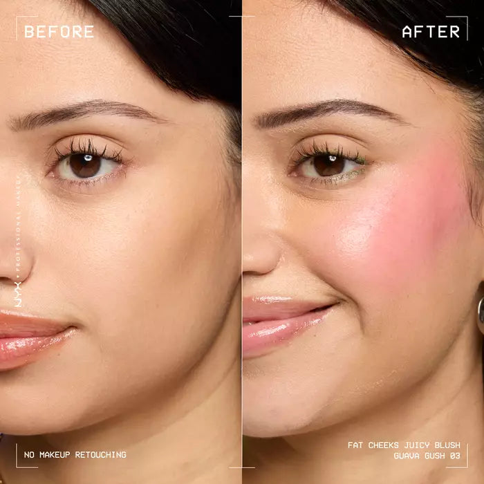 NYX Fat Cheeks Juicy Liquid Blush shade 03 Guava Gush before-and-after cheek results.