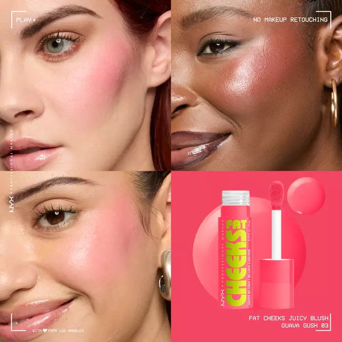 NYX Fat Cheeks Juicy Liquid Blush shade 03 Guava Gush dewy results on different skin tones.