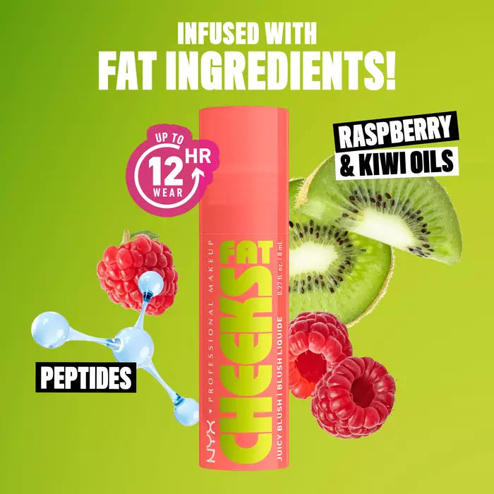 NYX Fat Cheeks Juicy Liquid Blush with peptides, raspberry and kiwi oils for up to 12-hour wear.