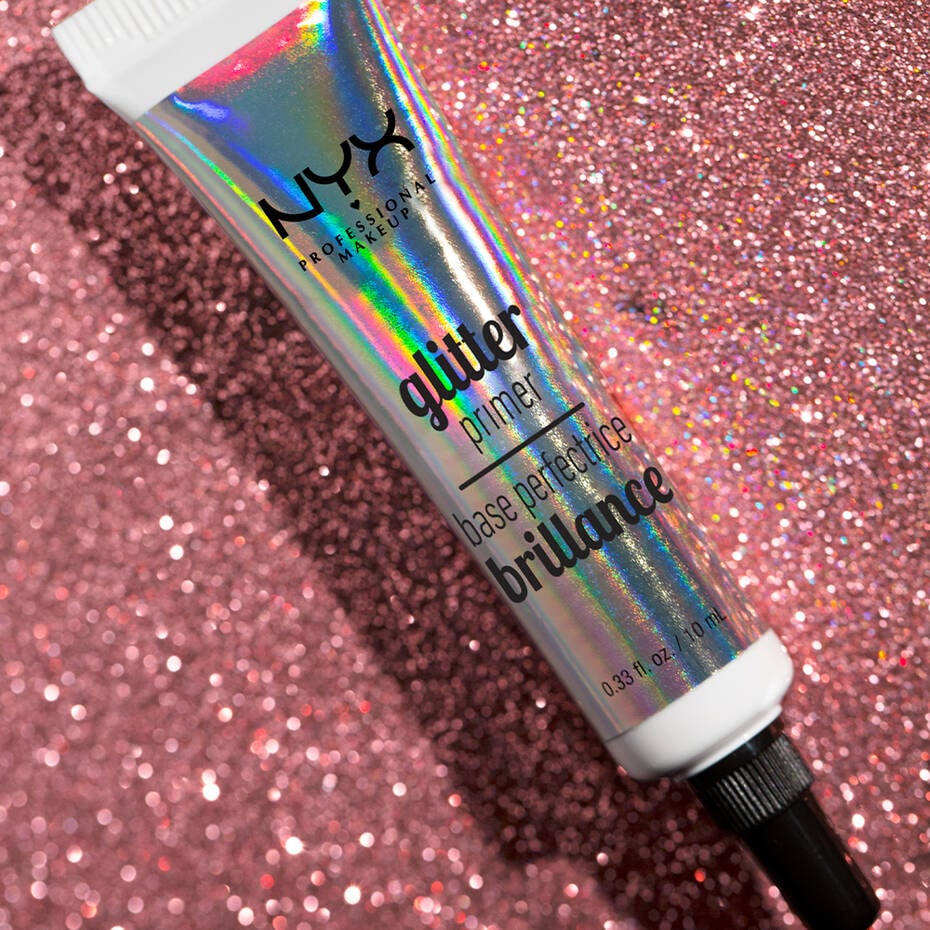 NYX Glitter Primer tube on pink glitter background