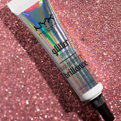 NYX Glitter Primer tube on pink glitter background
