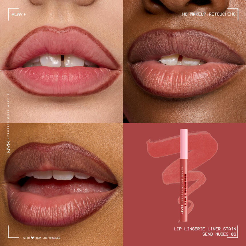 NYX Lip Lingerie Lip Liner Stain applied for defined nude lips