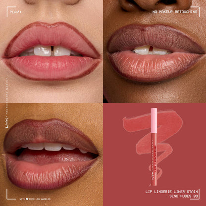 NYX Lip Lingerie Lip Liner Stain applied for defined nude lips