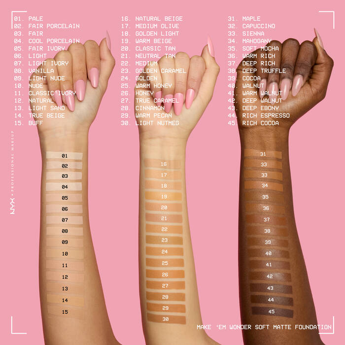 NYX Make Em Wonder Soft Matte Foundation 45 shade swatches