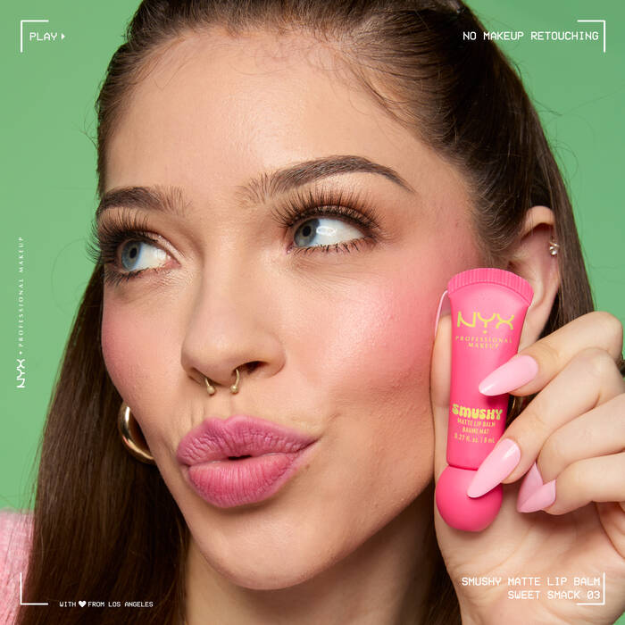 NYX Smushy Matte Lip Balm Sweet Smack shade applied on lips