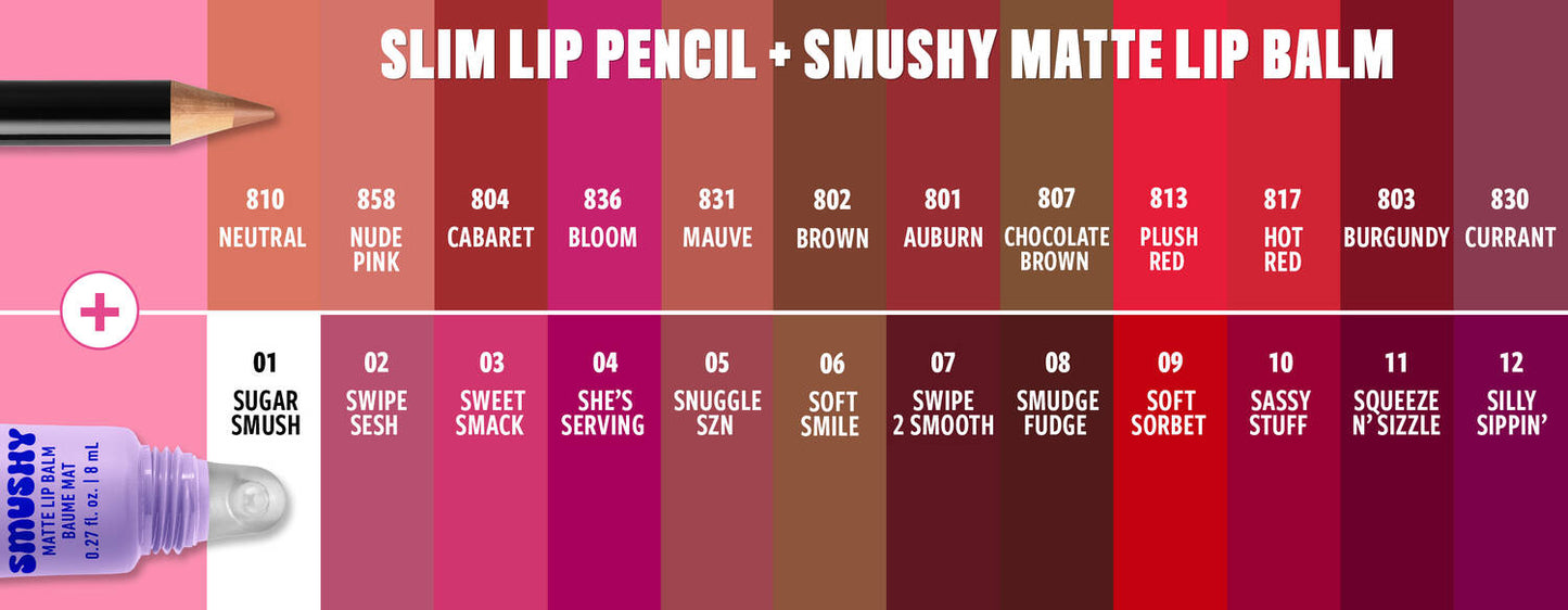 NYX Smushy Matte Lip Balm and Slim Lip Pencil shade pairing guide