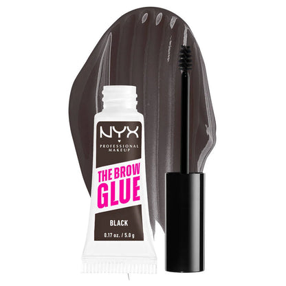NYX The Brow Glue Black tube with applicator and black tinted swatch on white background