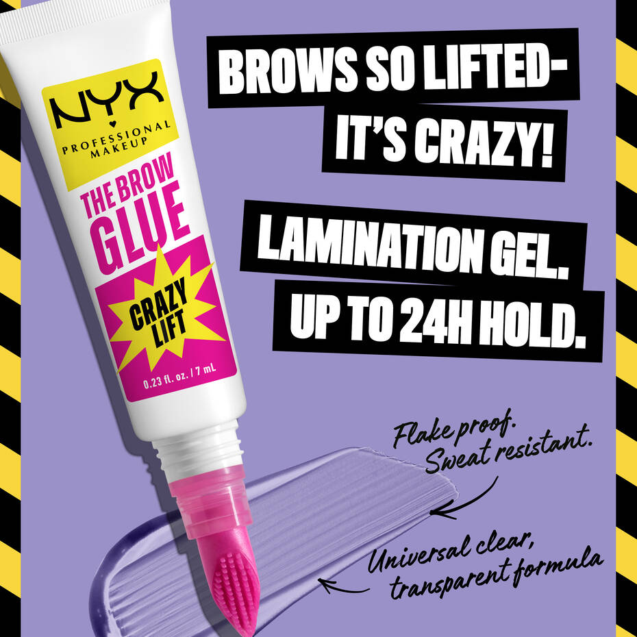 NYX The Brow Glue Crazy Lift tube with benefits text on purple background