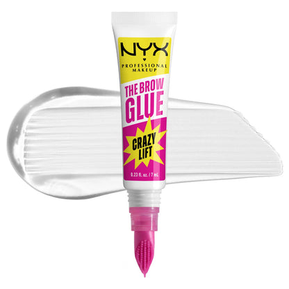 NYX The Brow Glue Crazy Lift tube with clear gel texture on white background