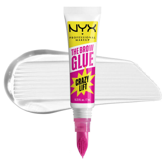 NYX The Brow Glue Crazy Lift tube with clear gel texture on white background